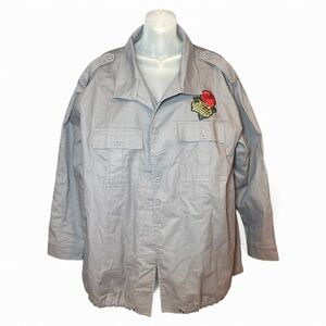 Kori Military-Style Gray Utility Jacket with Red Rose Patch Women’s Size 1XL